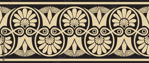 Vector golden and black seamless ornament of ancient Greece. Classic Endless pattern frame border Roman Empire..