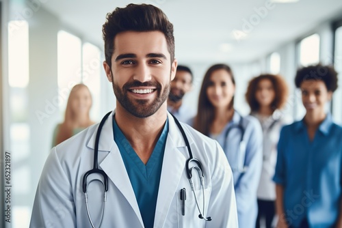 Young intern in white coat stands in hospital corridor.