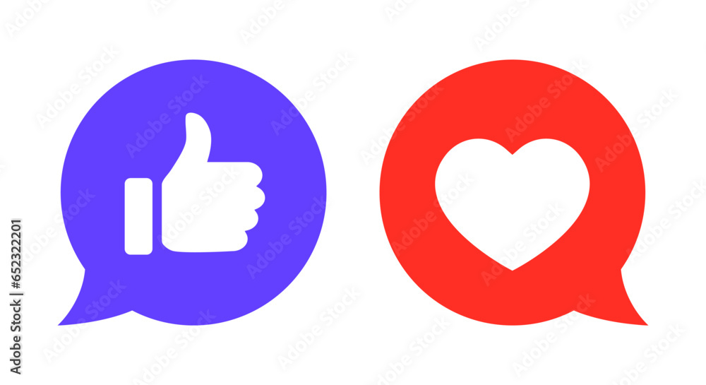Speech bubble with like and love icon vector in flat style. Social media reaction sign symbol Speech bubble with like and love icon vector in flat style. Social media reaction sign symbol