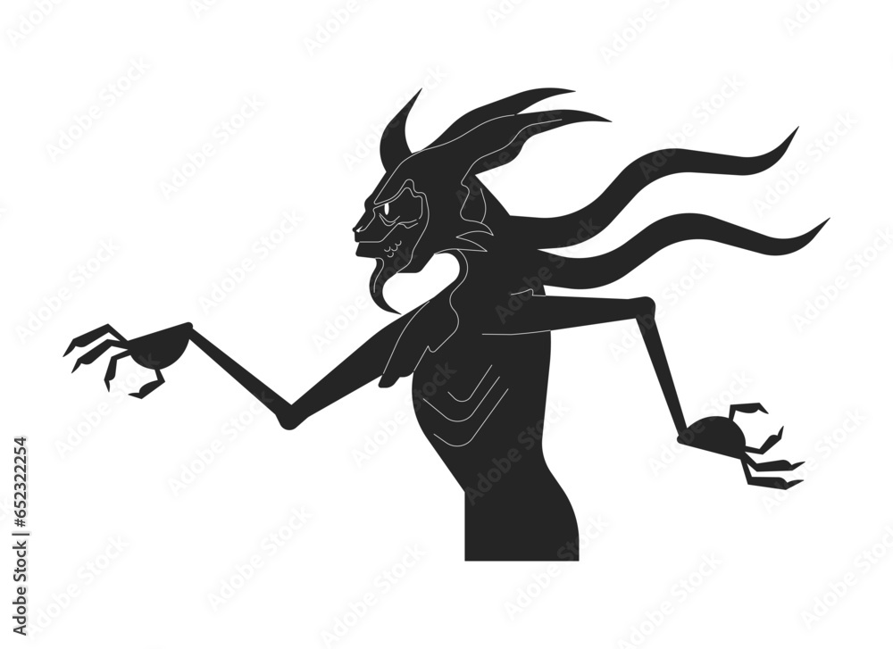 Walking scary monster with horns and tentacles black and white 2D line cartoon character. Demon creature with gills isolated vector outline personage. Mythological monochromatic flat spot illustration Walking scary monster with horns and tentacles black and white 2D line cartoon character. Demon creature with gills isolated vector outline personage. Mythological monochromatic flat spot illustration