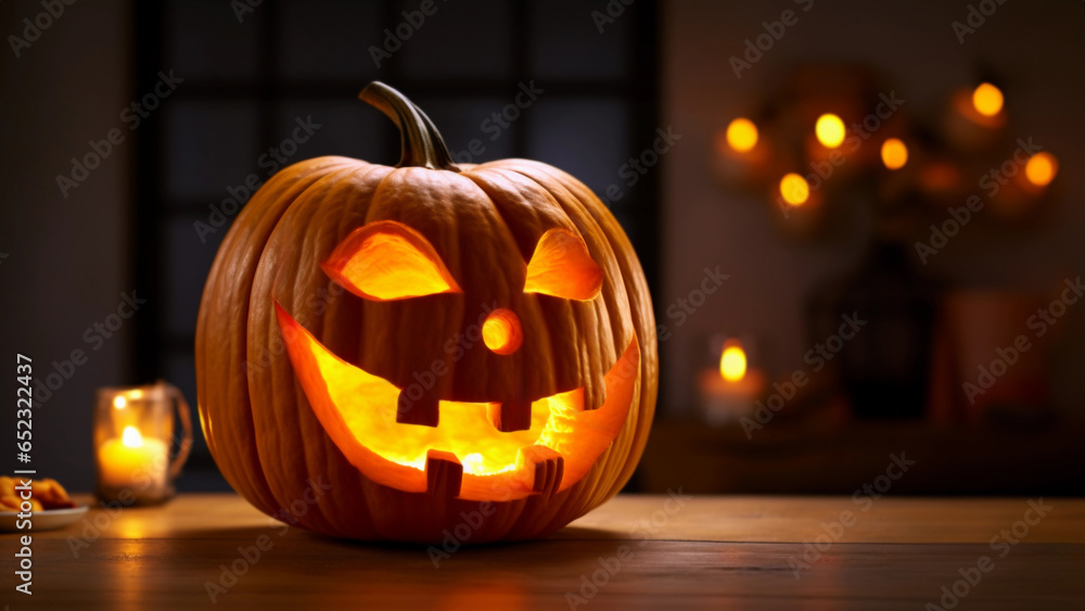 Close-up view of glowing spooky Halloween carved pumpkin with candle inside. Creepy smiling Jack-O-Lantern face. Banner template with copy space and dark background. Concept of social media design Close-up view of glowing spooky Halloween carved pumpkin with candle inside. Creepy smiling Jack-O-Lantern face. Banner template with copy space and dark background. Concept of social media design