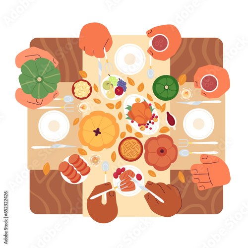 Thanksgiving table family cartoon flat illustration. Turkey dinner eating friends 2D hands table overhead isolated on white background. Autumn rustic meal, dining fall scene vector color image