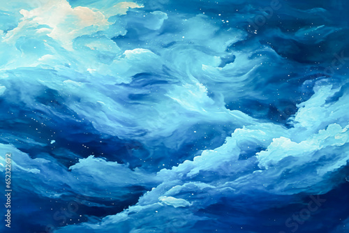 Watercolor abstract background with blue and white clouds.