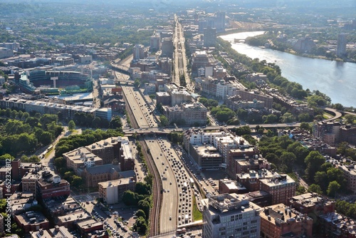 Traffic on Massachusetts Turnpike freeway in Boston. Aerial view.