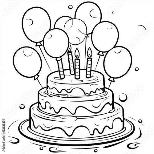 Birthday cake and balloons drawing for coloring book for kids 