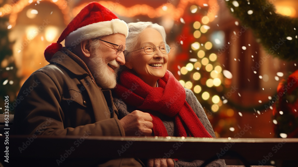 Grandma and Grandpa Couple Sitting on a long bench in front of the house, celebrating Christmas happily, smiling on the blurry background of the Christmas tree. Generative AI