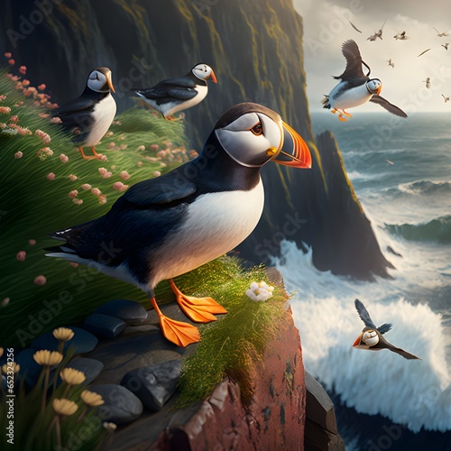 photorealism cliff in Iceland Puffins flying around and sitting on the cliff side Laying eggs Wavy ocean below Nature Image for a children book about Icelandic animals Hyper realism 8K 
