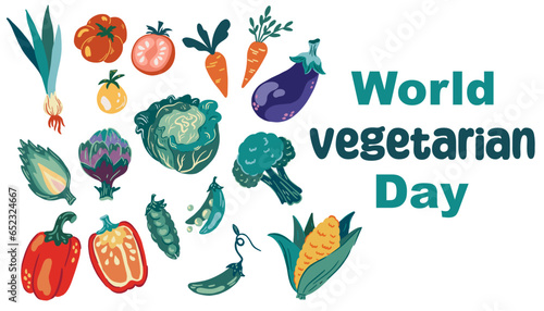 World Vegetarian Day. Vector illustration with different vegetables, cabbage, carrots, peppers, peas, corn, tomatoes, artichokes, onions