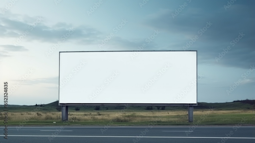 Large empty white billboard stands at roadside, set against backdrop of sky. Copy space banner background for advertising. Large empty white billboard stands at roadside, set against backdrop of sky. Copy space banner background for advertising.