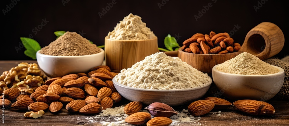 Various nut flours almond hazelnut cashew with keto baking essentials against dark backdrop Gluten free theme