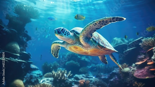 Beautiful turtle swimming among fishes in blue water of ocean. Nature underwater world.