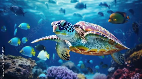 Beautiful turtle swimming among fishes in blue water of ocean. Nature underwater world.