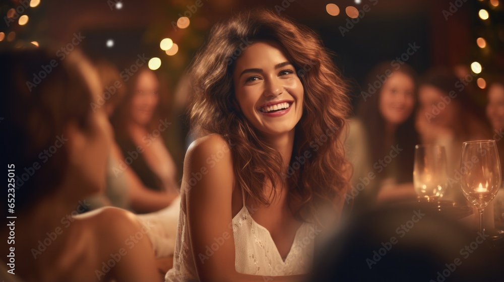 Beautiful woman enjoying while having dinner with friends at night party. Beautiful woman enjoying while having dinner with friends at night party.