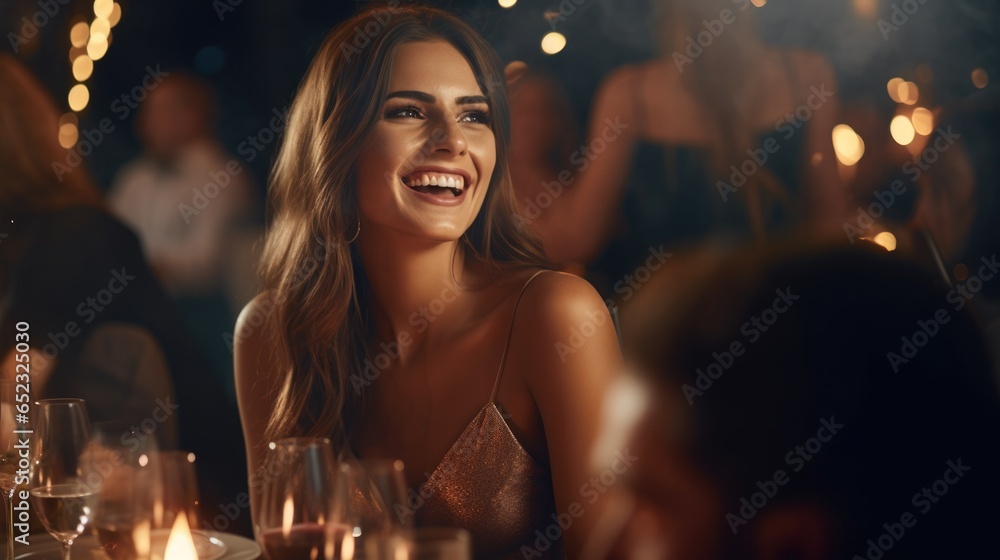 Beautiful woman enjoying while having dinner with friends at night party.