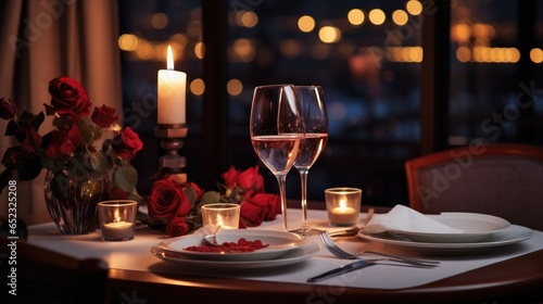 Table setting for romantic dinner for valentines in restaurant with light bokeh