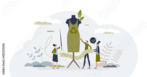 Sustainable fashion and clothe with recyclable materials tiny person concept, transparent background. Ecological and organic textile with long consumption life to avoid trend waste illustration.