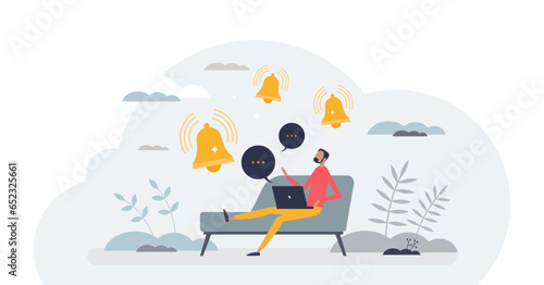 Daily notifications and focus mode to avoid distraction apps tiny person concept, transparent background. Loud alarms for appointments, news and agenda receiving illustration. © VectorMine