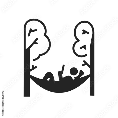 Person lying on a hammock, icon. The hammock is stretched between the trees. Resting. Monochrome black and white symbol