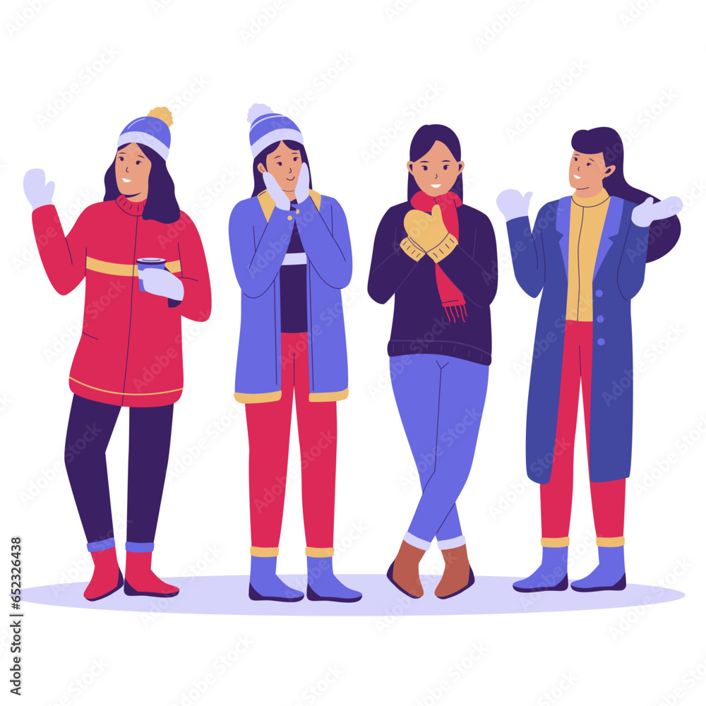Group of woman people in winter clothes. Winter people collection. Flat design illustration Group of woman people in winter clothes. Winter people collection. Flat design illustration