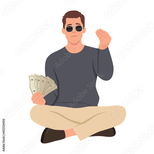 Young man wearing sunglasses smiling happily with a hand making money posture. Confident, positive proud and friendly attitude holding dollar banknotes. Flat vector illustration isolated on white