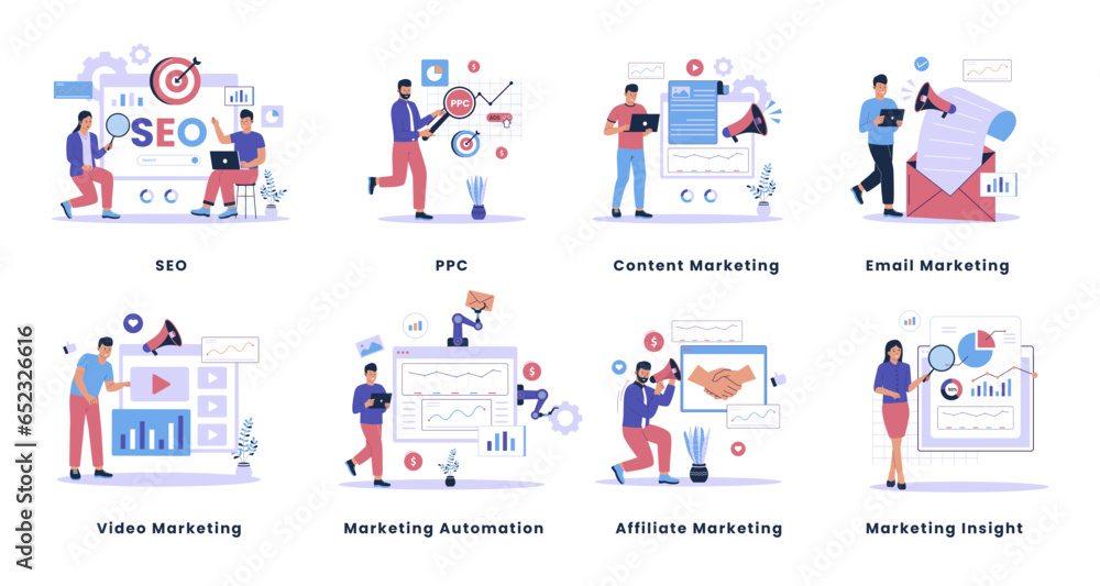 Digital marketing illustration set collection. Search engine optimazation, ppc, content marketing, email marketing, marketing automation, affiliate marketing, marketing insight. flat design illustrati