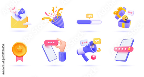 3d Business icon set. Trendy illustrations of Discount, Subscribe, Camera, Safe Payment, Card Denied, Social Media, Smart watch, Thunderbolt, etc. Render 3d vector objects