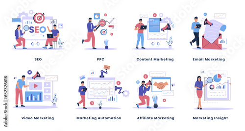 Digital marketing illustration set collection. Search engine optimazation, ppc, content marketing, email marketing, marketing automation, affiliate marketing, marketing insight. flat design illustrati