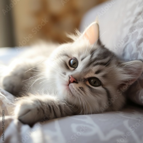 Cute tabby kitten sleep on white soft blanket. Cats rest napping on bed. Comfortable pets sleep at cozy home.