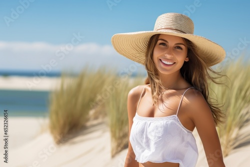 Woman wearing a straw hat and smiling. Portrait of a happy young woman in white top with panama hat looking at camera with copy space.
