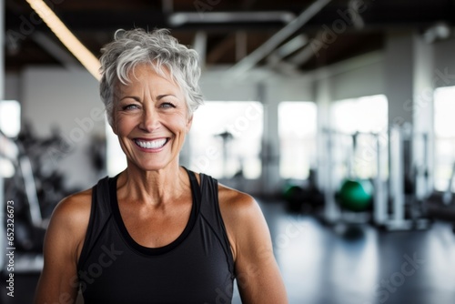 Portrait of a happy senior woman posing isolated in fitness studio. photo