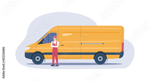 Cargo van with delivery man standing next to it. Vector illustration.