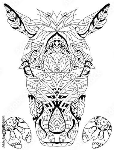 Zentangle horse head with hooves for coloring. Hand drawn decorative vector illustration.