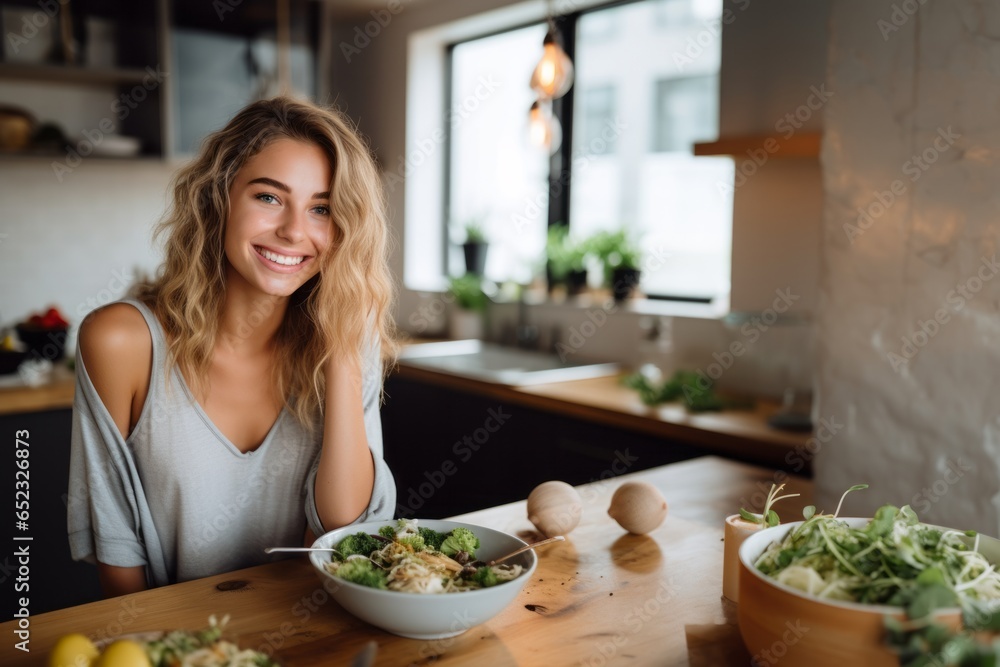 Happy smiling cute woman is preparing a fresh healthy vegan salad with many vegetables in the kitchen at home and trying a new recipe