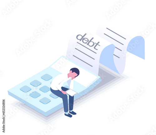 vector isometric illustration of debt and bankruptcy,a man depress for debt