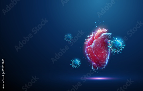 Abstract red human heart with attacking blue viruses. Healthcare medical concept. Low poly style design