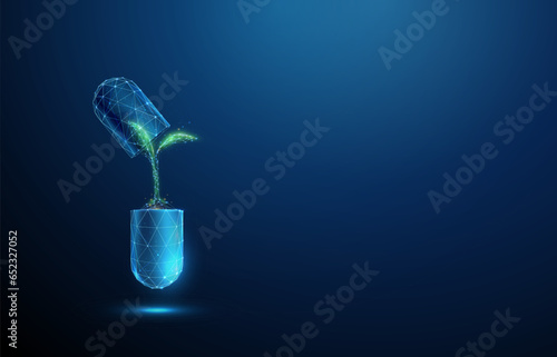 Abstract blue medical drug capsule with green plant inside Healthcare medical and pharmacy concept Low poly style design