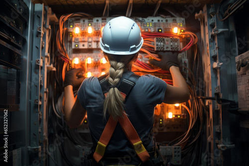 young woman electrician repairing a fuse in background of electric distribution board. Working or engineer business concept.