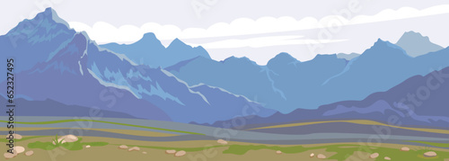 Mountain landscape horizontal. Vector box. View of rocks, stone peaks covered with snow. High mountainous country. A species characteristic of the Alps, Nepal and Tibet.