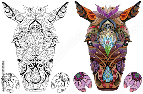 Zentangle horse head with hooves for coloring. Hand drawn decorative vector illustration. Black and white and color images