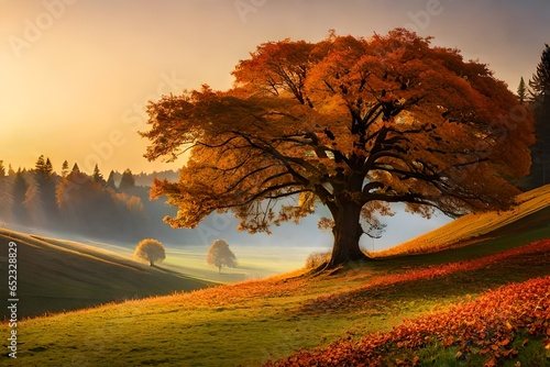 autumn landscape with a tree in the morning