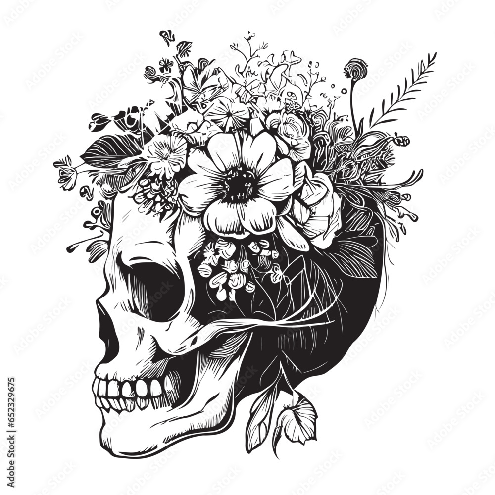 Skull with flowers on head sketch hand drawn in doodle style ...