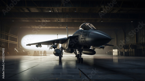 interior view of a generic military fighter jet parked inside a military barracks or hangar as wide banner with copyspace area for world war conflict and air force concepts,