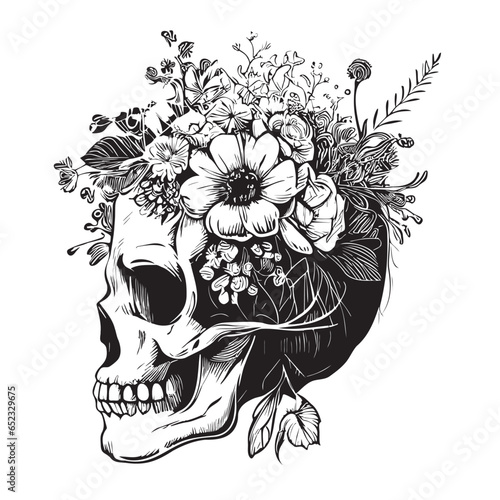 Skull with flowers on head sketch hand drawn in doodle style illustration