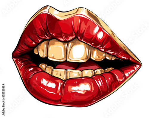 lip icon with red lipstic and golden grillz, isolated on the transparent background PNG.