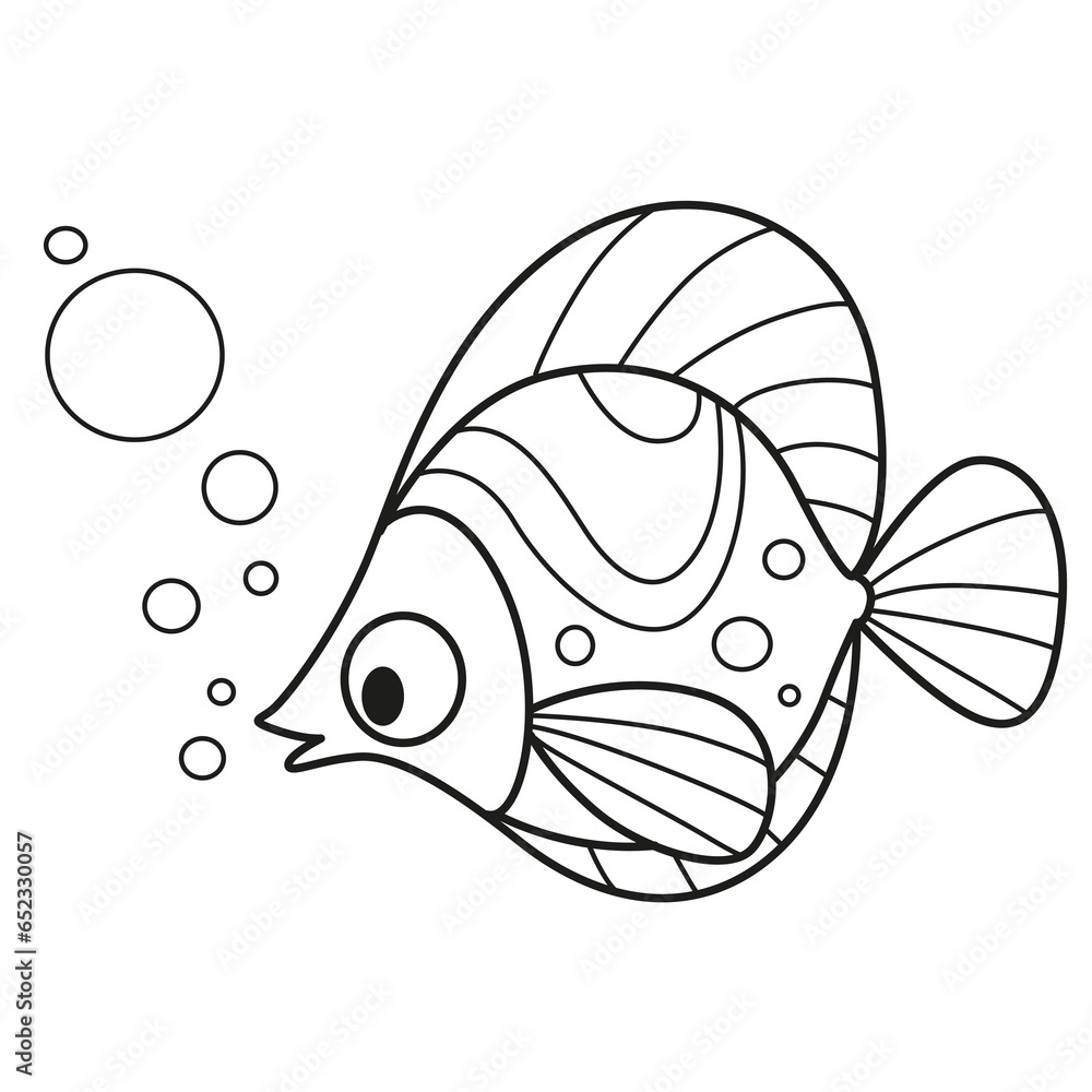 Obraz premium Cute carton sea fish with cirvle ornaments outlined for coloring page isolated on white background