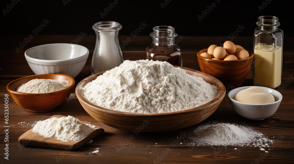 Rustic composition for baking. Ingredients for dough on wooden counter - flour, eggs, sugar. 