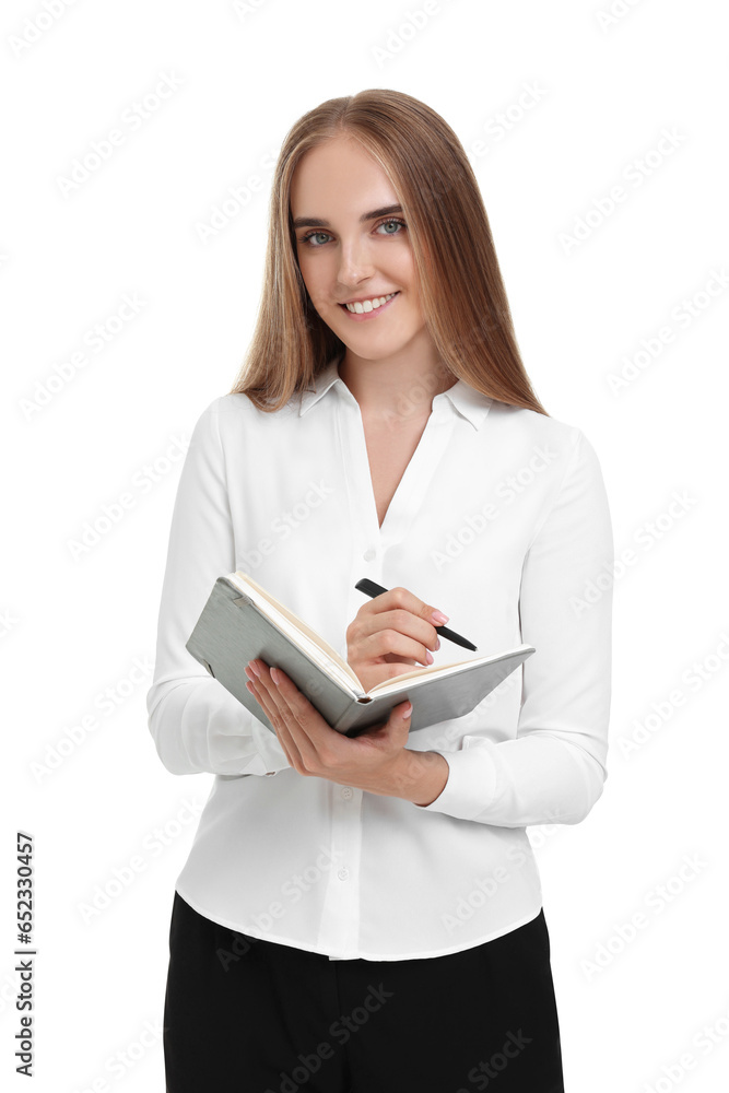 Happy young secretary writing in notebook on white background Happy young secretary writing in notebook on white background