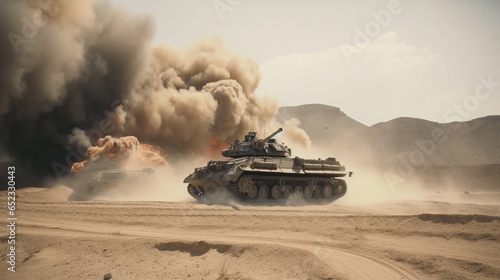 armoured tank crosses a mine field during war invasion epic scene of fire and some in the desert photo