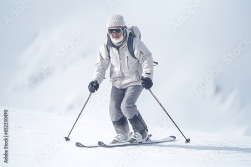 Elderly gray-haired man skiing in the mountains