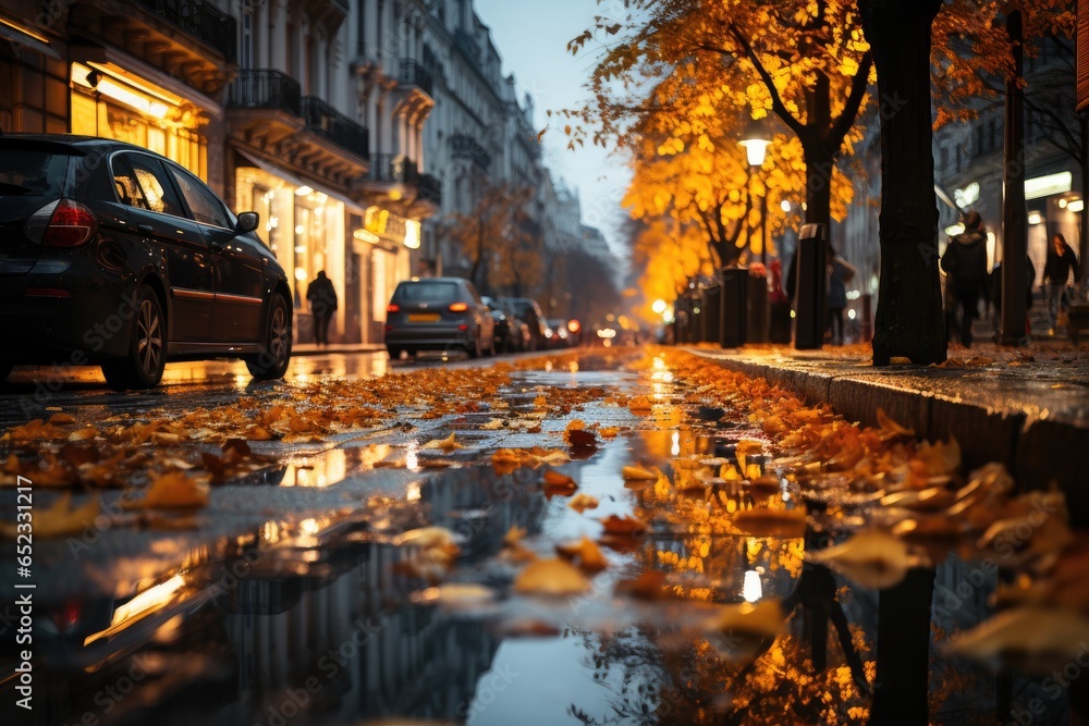 City in the autumn rain: streets mirror colored umbrellas, life reflected in the puddles., generative IA